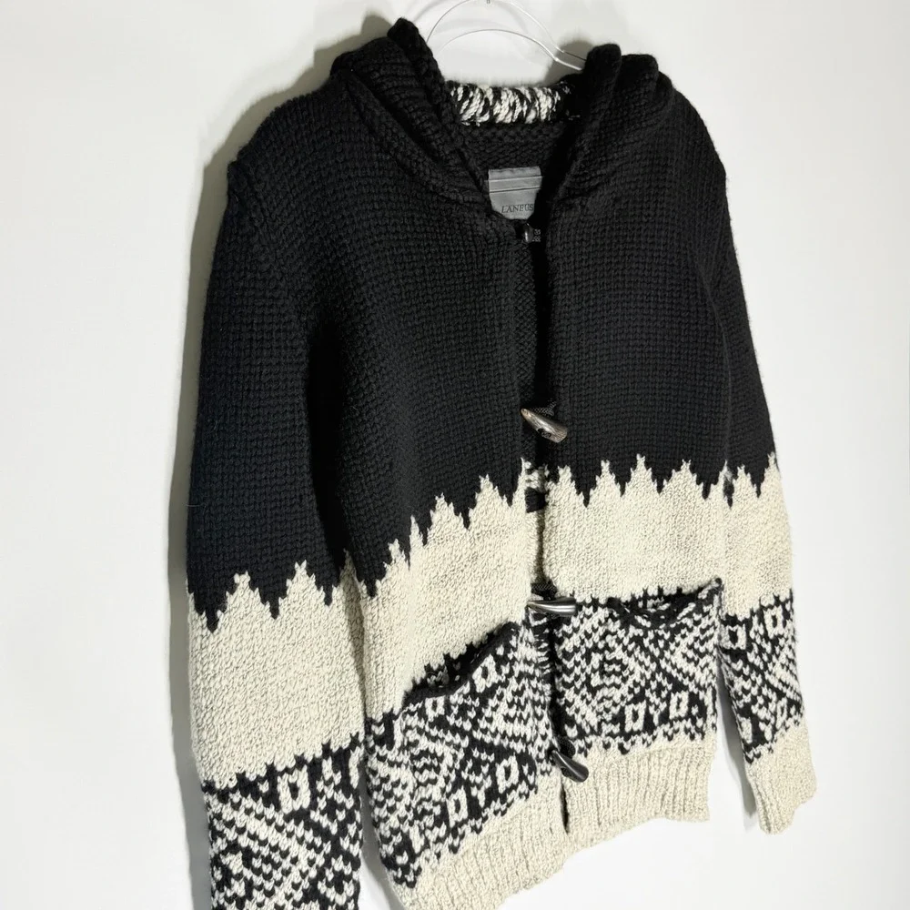 Laneus Italy Wool Hooded Cardigan Sweater Men's S/M (48) Black Ivory Nordic Knit
